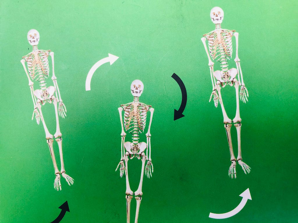 The image shows the book cover of Murakami’s book Dance Dance Dance, which features three white skeletons on a green background with arrows around them that indicate movement.