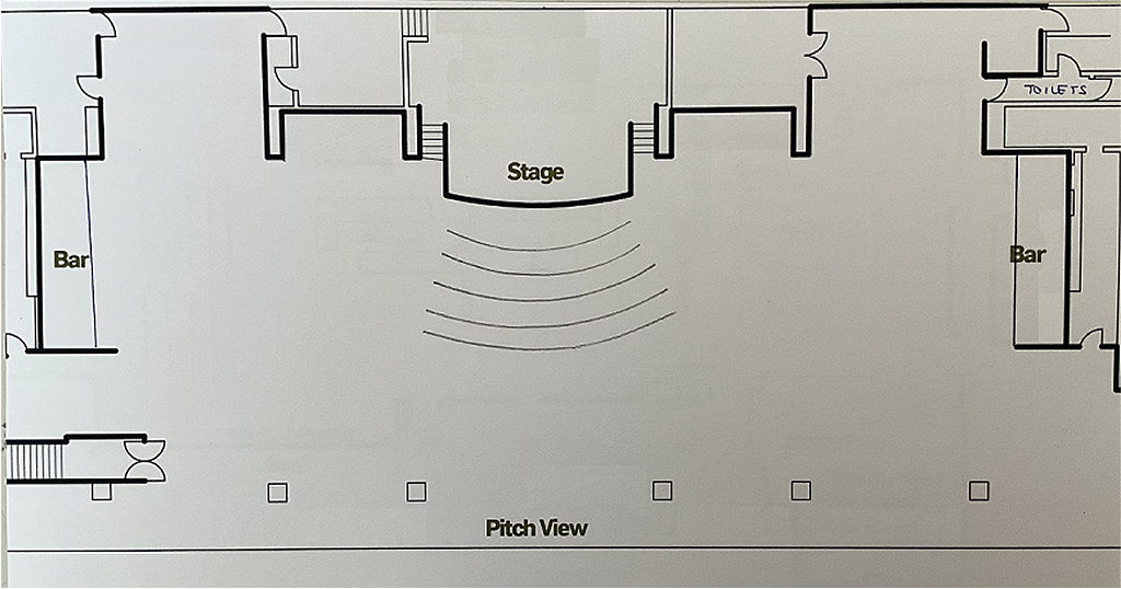 A layout for the Stadium Suite, orientated horizontally. It is marked with notes for the stage centre top, pitch view at the bottom and bars on both sides of the space.