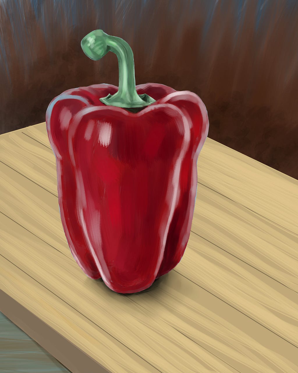 A bell pepper is on a wood, butcher block cutting board.