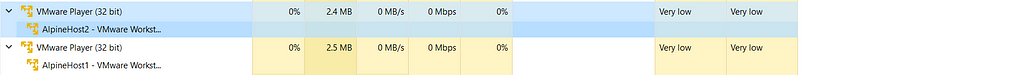 Screenshot showing that resource usage of both our VMs is very low.