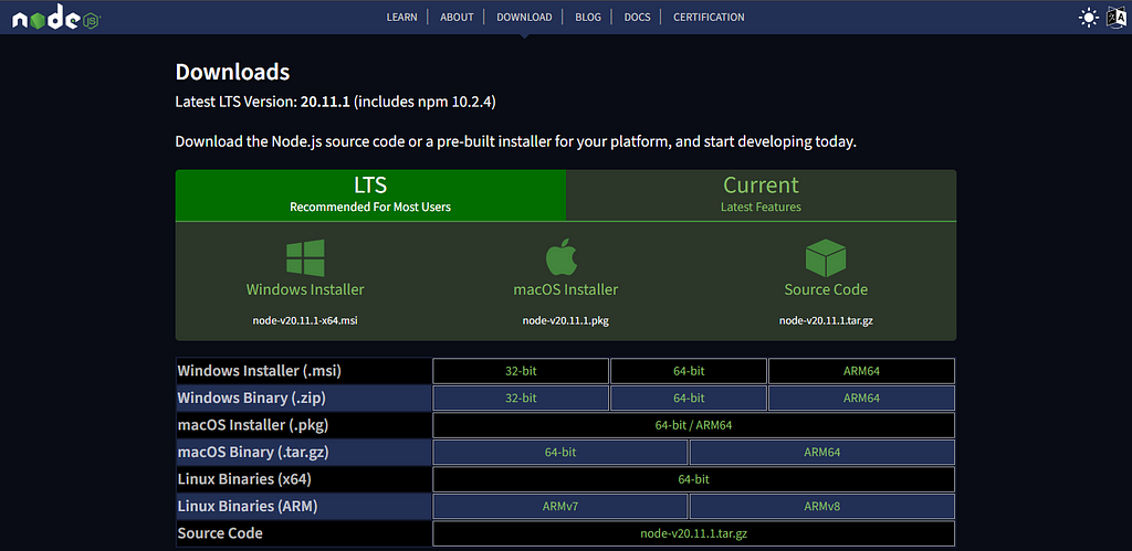 Node JS Downloads Page