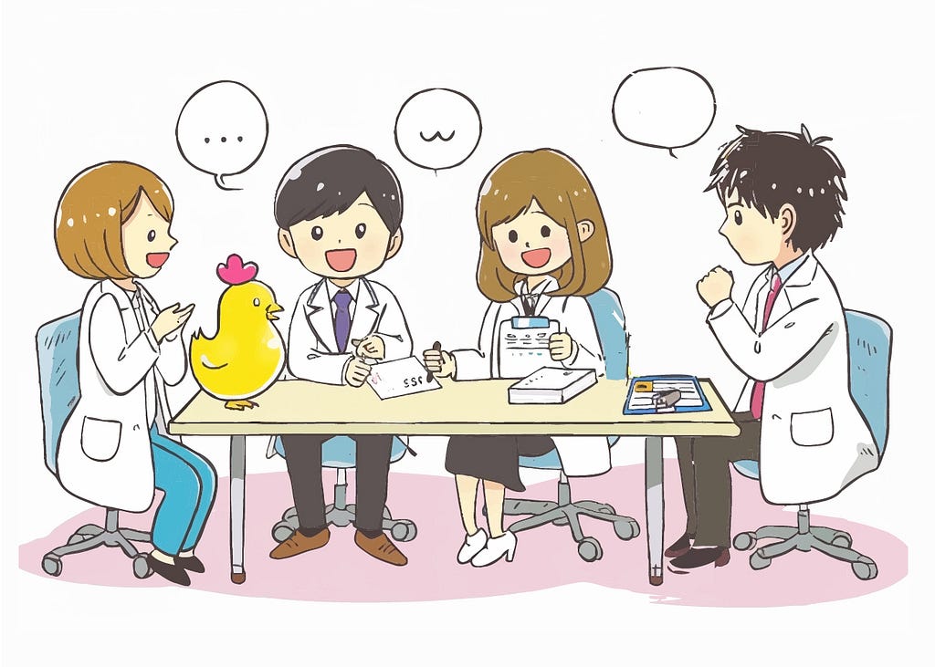 Four doctors wearing lab coats sitting at a long table with papers on the table and a small chicken assessing them as they talk.