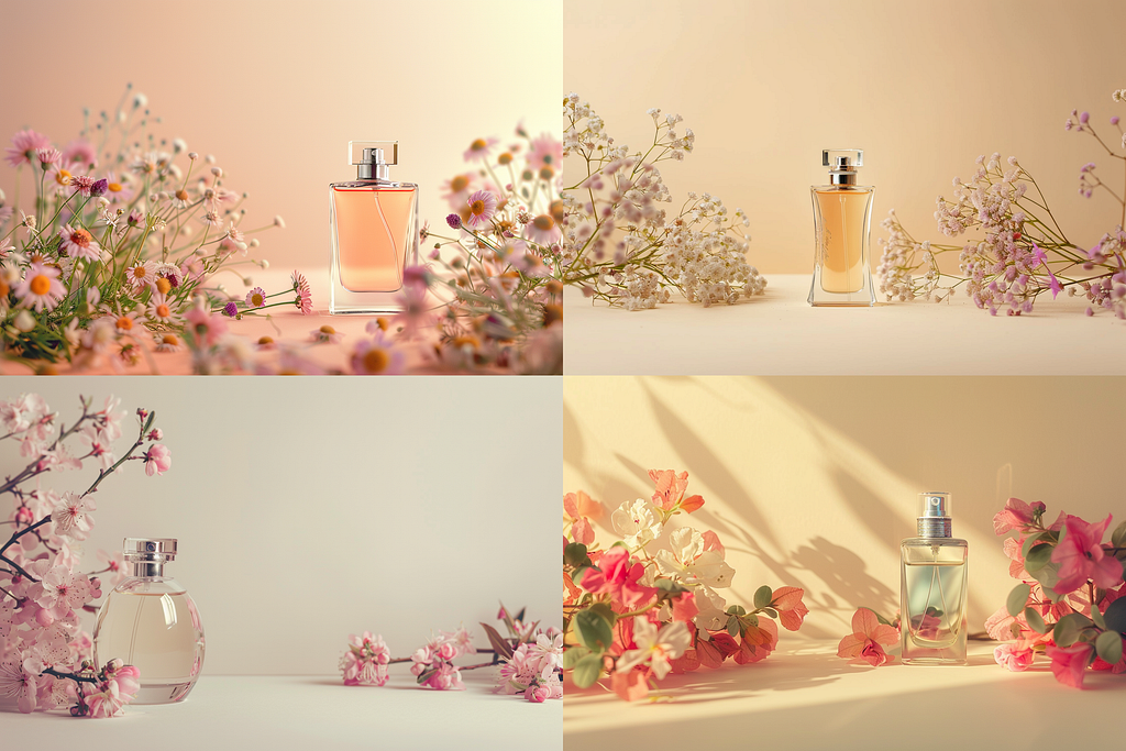 Commercial photography, a perfume bottle, on beige background, central big empty space, with flowers, pastel color background, serene floral theme, minimal, dreamy, horizontal composition — ar 3:2