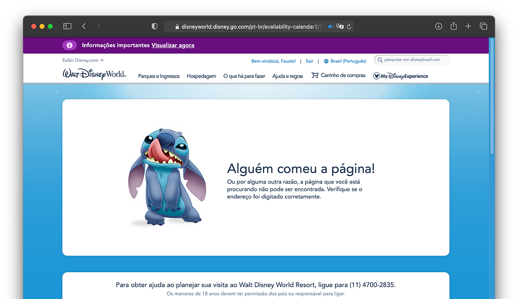 Tela de erro de página não encontrada do site da DisneyWorld
