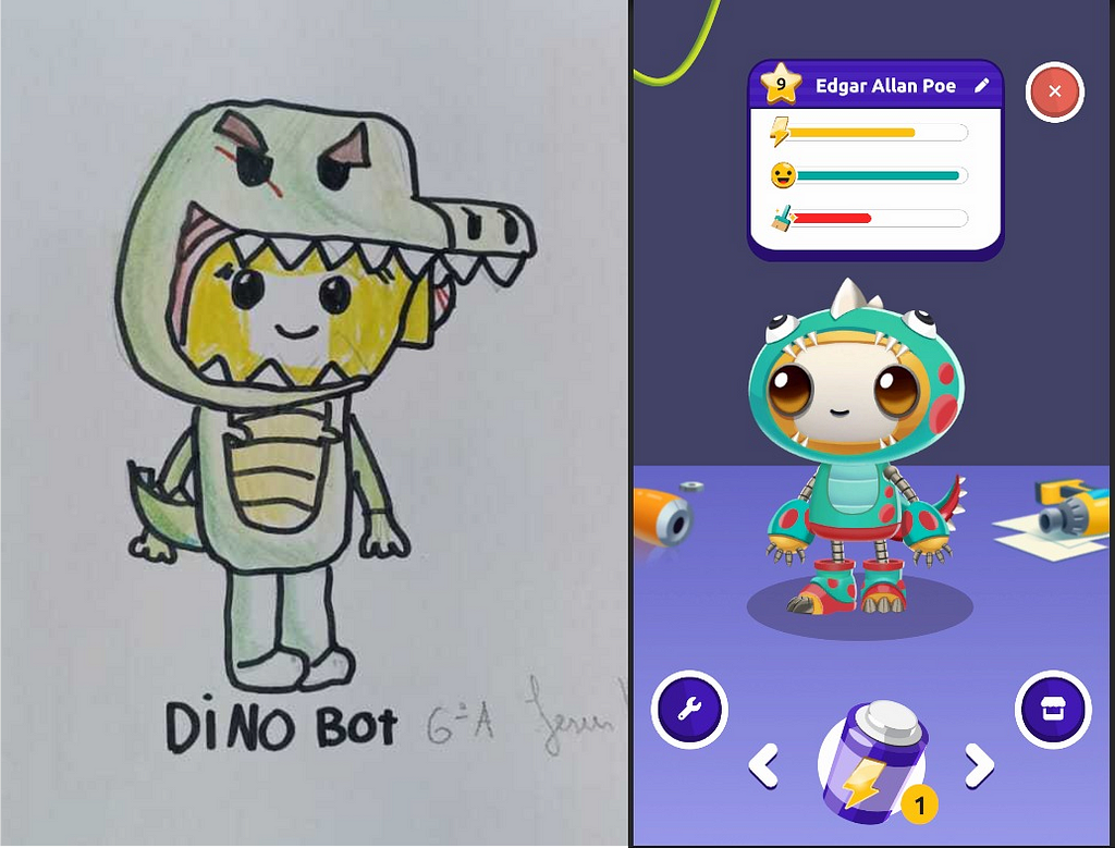 Na esquerda temos um desenho feito a mão de um robô usando uma roupa de dinossauro e logo abaixo escrito dinobot. Na direita temos uma captura da tela do robô do Edify Play. No centro há um robô está usando peças de dinossauro.