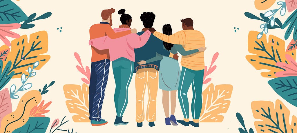 Five people hugging each other from the back. It represents acceptance and harmony.