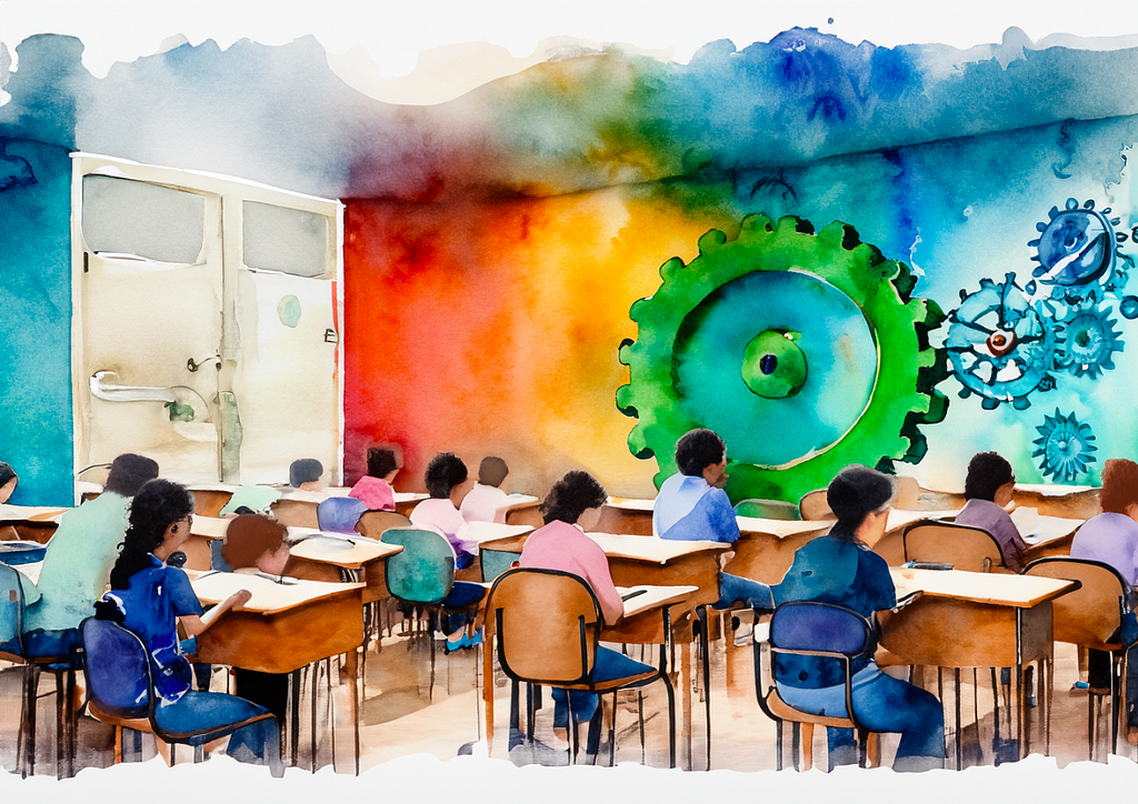 A watercolor illustration of a classroom of students facing a of gears, representing a system in motion.