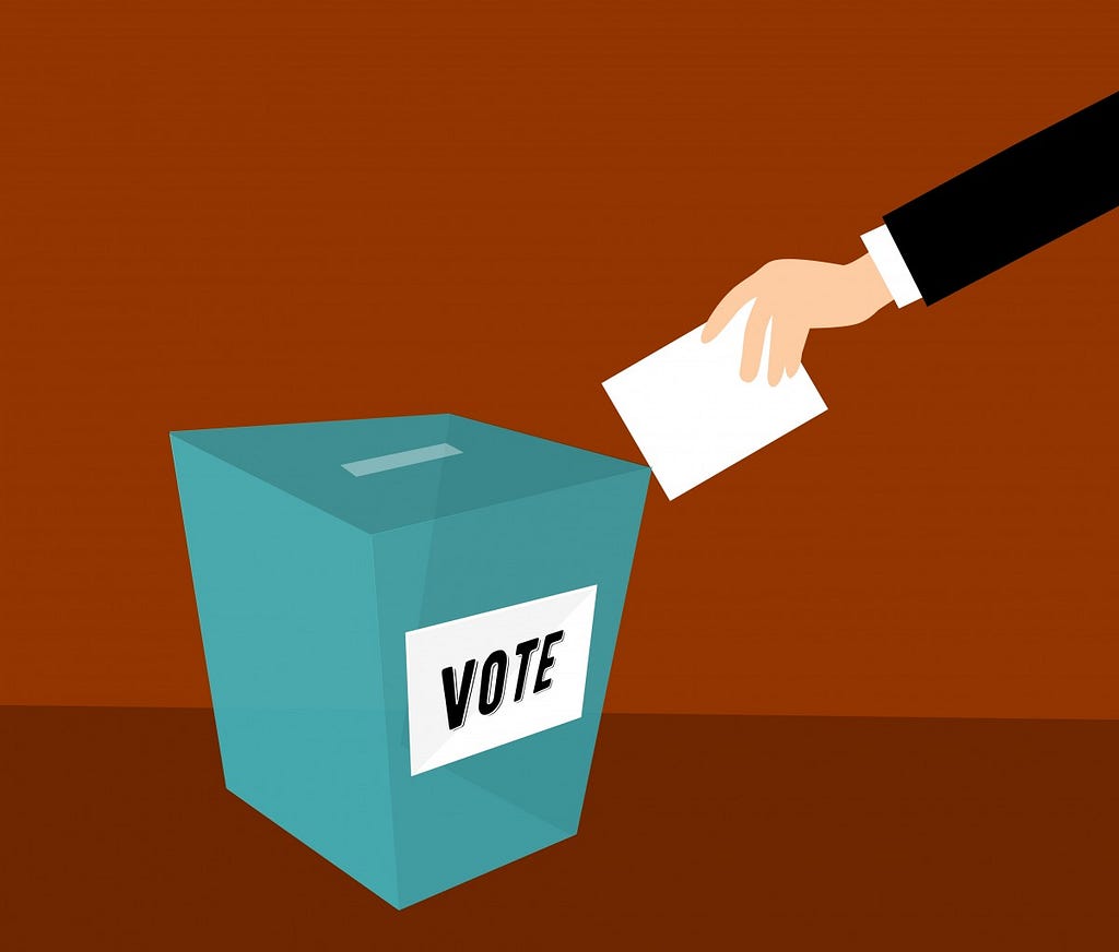 Illustration of a person putting a ballot into a ballot box