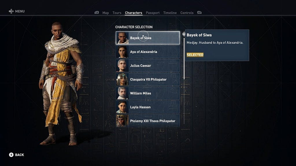 A screenshot of character selection, showing some of the different select-able avatars in the Egyptian version.