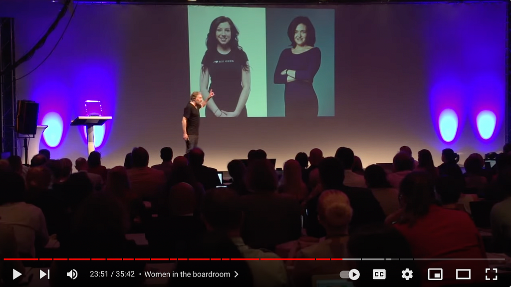 A screenshot from a recording of Eric Reiss’ 2014 Content Strategy Forum Conference talk, in which he expresses his opinions on how women should appear in corporate contexts. “This woman [on the left], no matter how talented she might be, is probably not getting into the boardroom.”