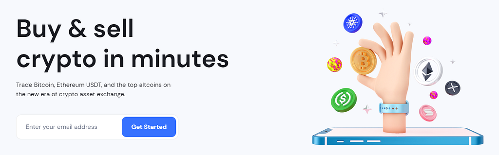 an ad to buy and sell crypto within minutes with a phone and a hand holding crypto coins