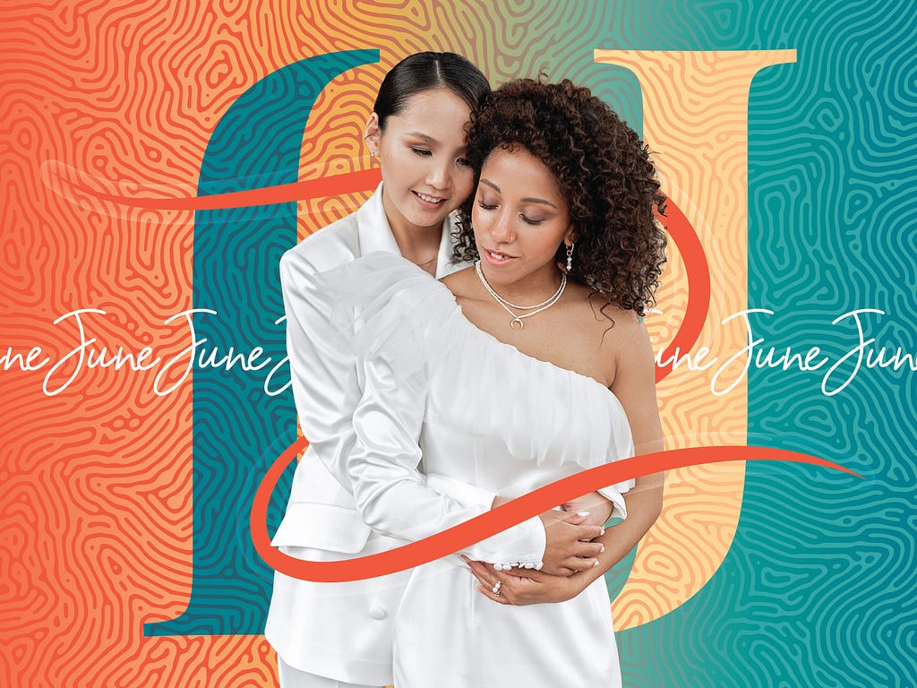An Asian woman in a white suit wraps her arms around a Black woman in an off-shoulder white dress. The photo collage unites them with a squiggle of red, and in the background, two Js in mirror images frame them. The background also has a red to green gradient and a fingerprint pattern. The word June also runs in knock-out handwritten font through the horizontal middle of the image.