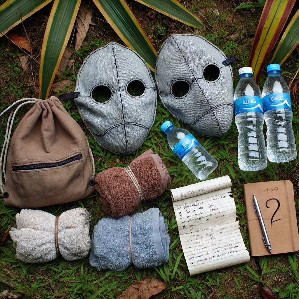 A close-up view of the items found at the scene of the Lead Masks Case in Niterói, Brazil_ two homemade lead masks, two empty water bottles, etc