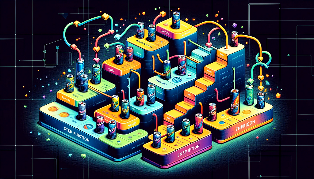 An AI generated representation of an AWS Step Function chain. A bunch of energy drink cans connected via tubes showing a chain of connected cans.