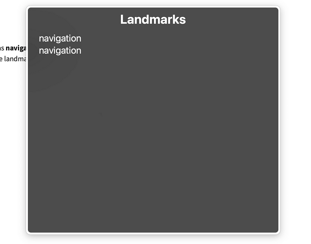 Screen shot of rotor menu containing two unnamed navigation landmarks, one listed as “navigation” and the other listed as “navigation.”