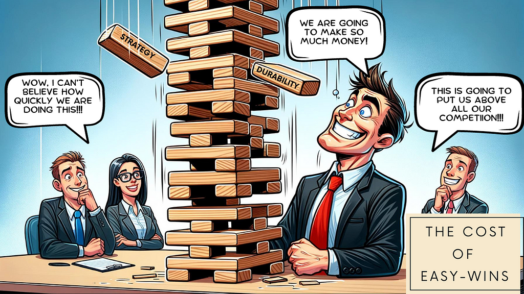 A humorous comic where a business executive team is playing Jenga, symbolizing the instability by pursuing easy wins at the cost of sustainability, strategy, and durability