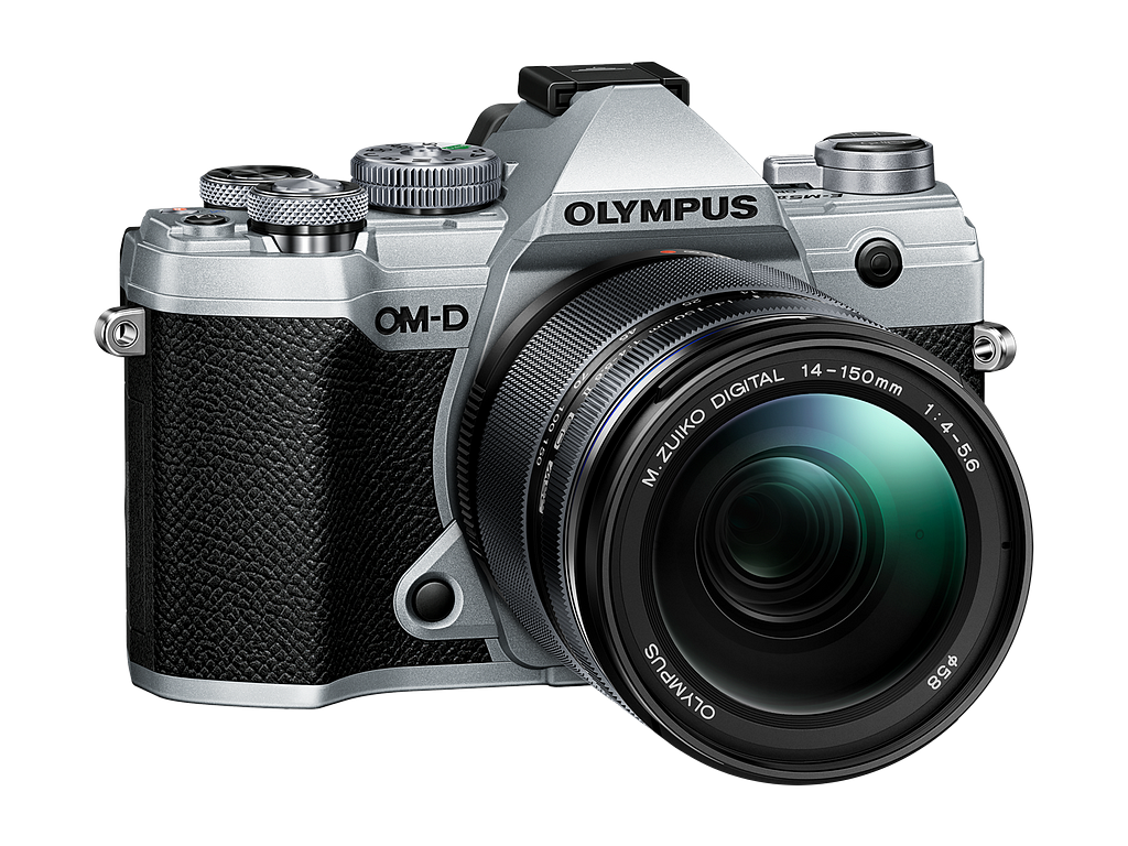 Olympus OM-D E-M5 Mark III silver retro camera with a 14–150mm M.Zuiko lens mounted.