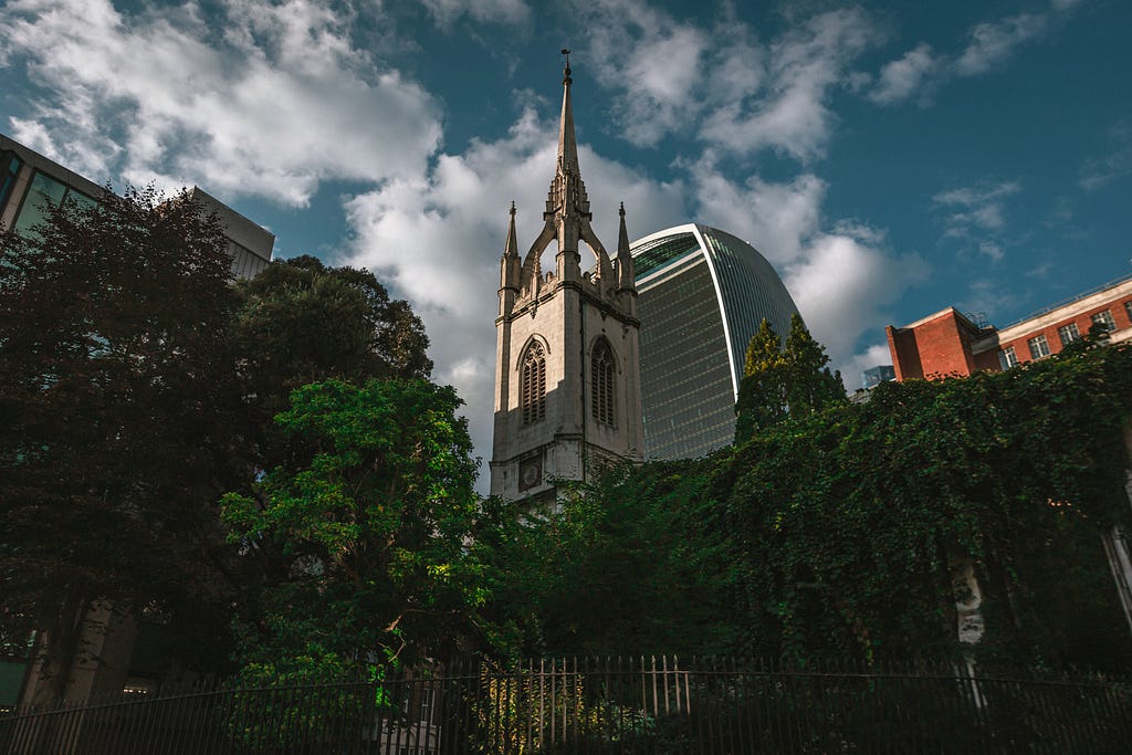 St Dunstan in the East is hidden among London’s skyscrapers-Photo by Shawn M. Kent