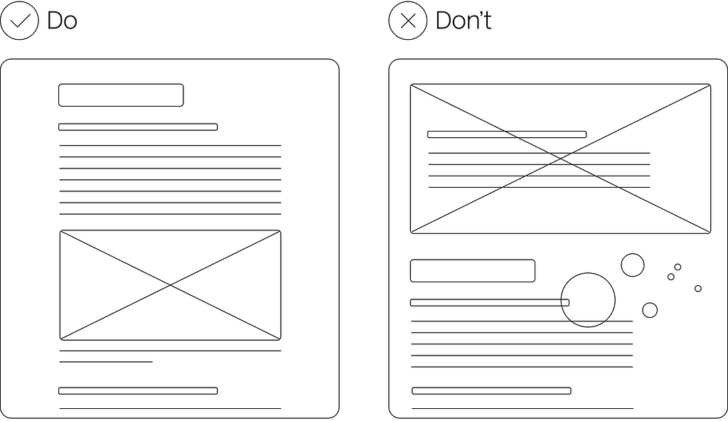 two mages of web page wireframes — Do and Don’t to illustrate the principles