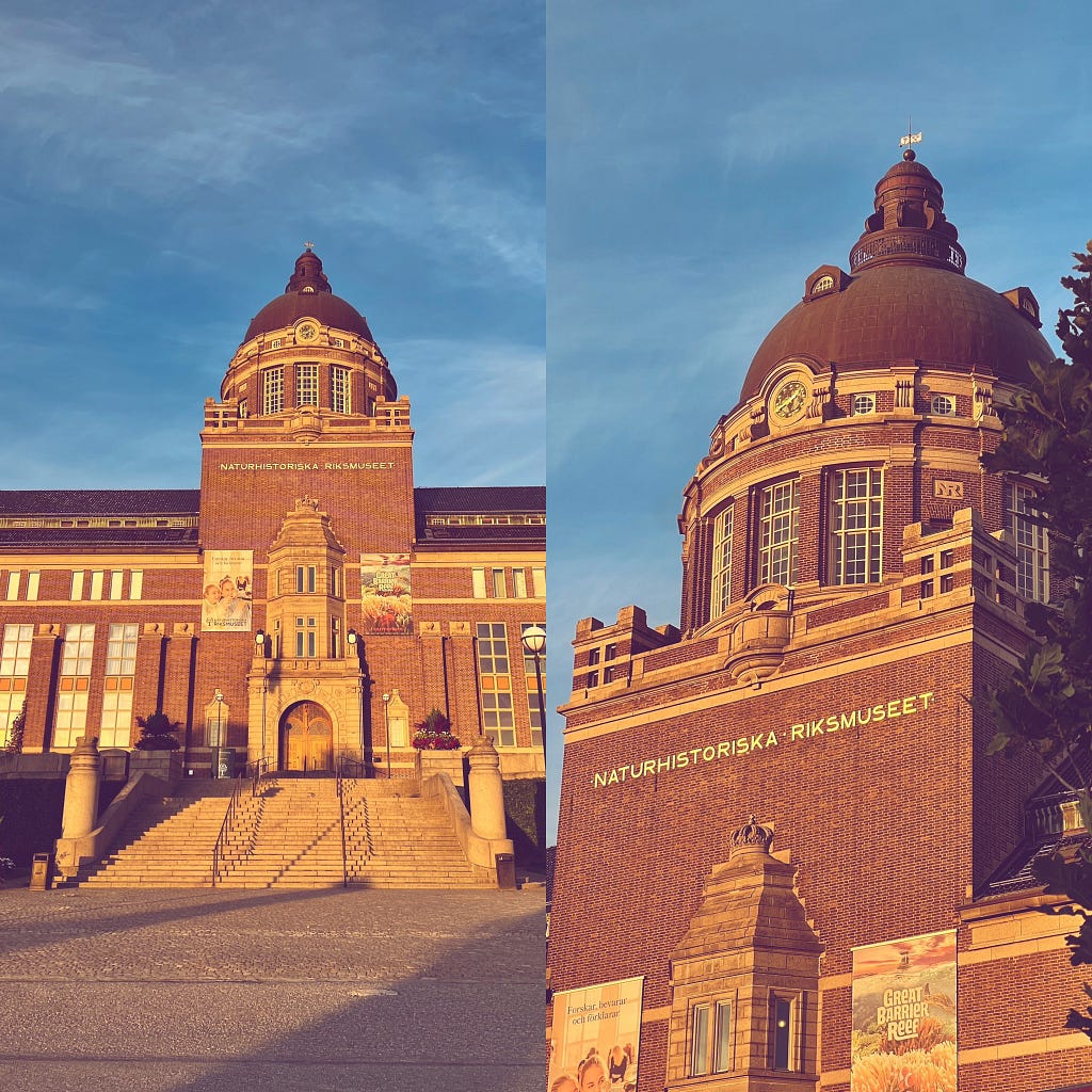 Front view of the Swedish Museum of Natural History with ‘Naturhistoriska Riksmuseet’ inscribed on the façade