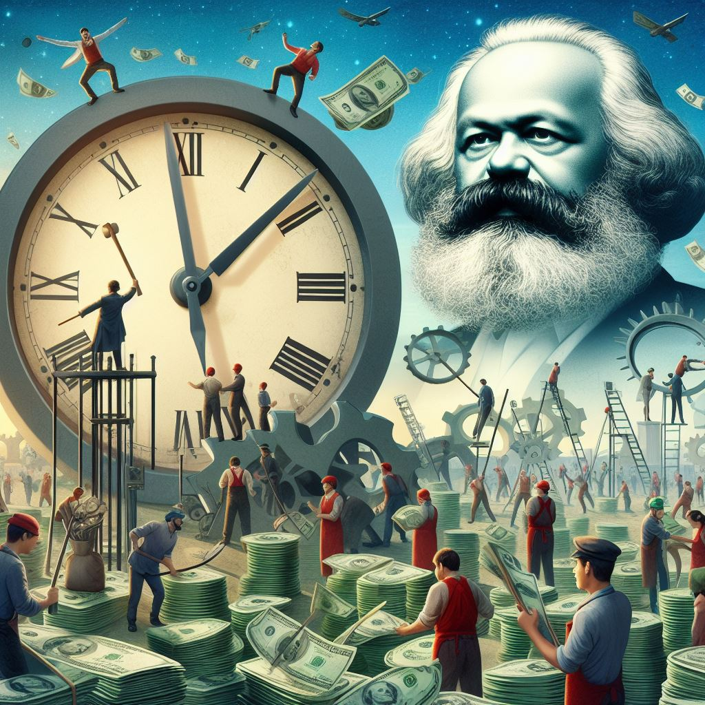 An image of many workers labouring to create money, under the shadow of a giant clock, while the spectre of Karl Marx watches on from a distance.