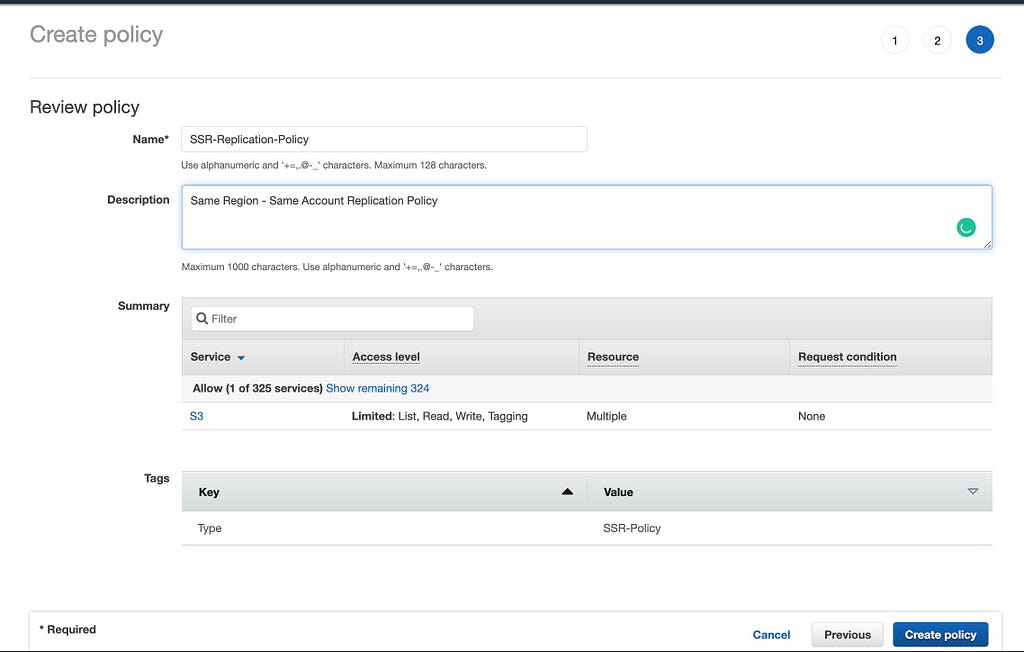 Create policy for role for S3 Replication