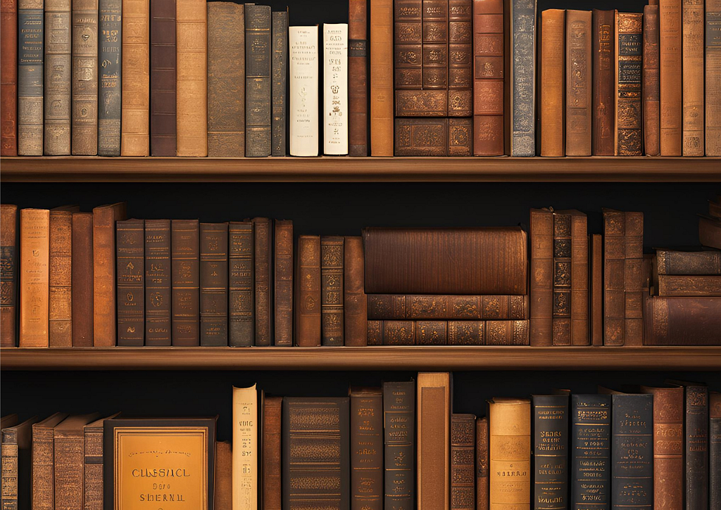 An image of books stacked on bookshelves produced by ‘Canva’