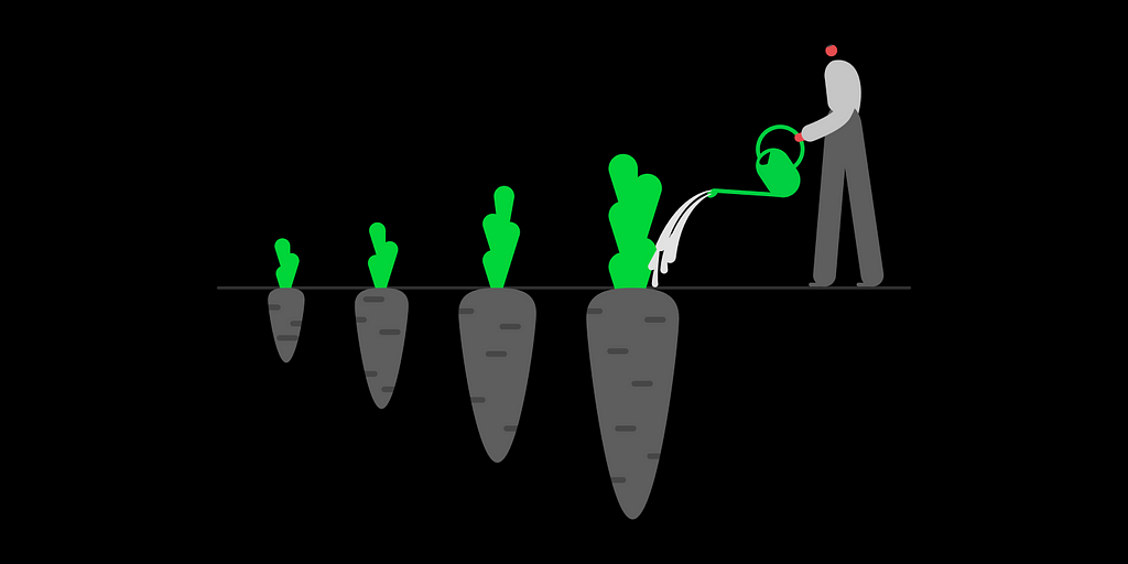 Illustration of a person with a watering can, watering four different sized carrots to represent continuous growth and support.