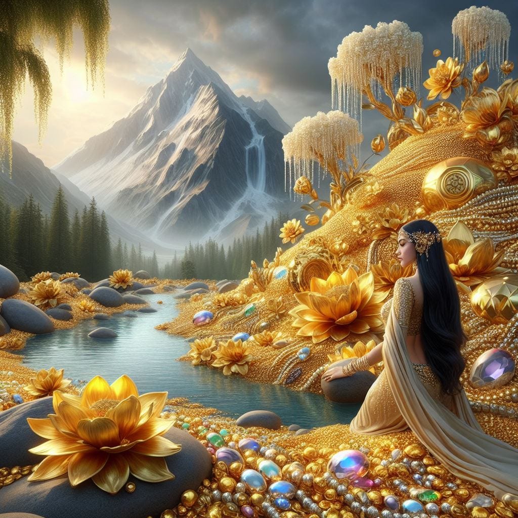 A mountain of gold and precious gems surrounded by a peaceful stream with flowers of gold and pearls, watched by a beautiful woman with long black hair dressed in a silk saree.