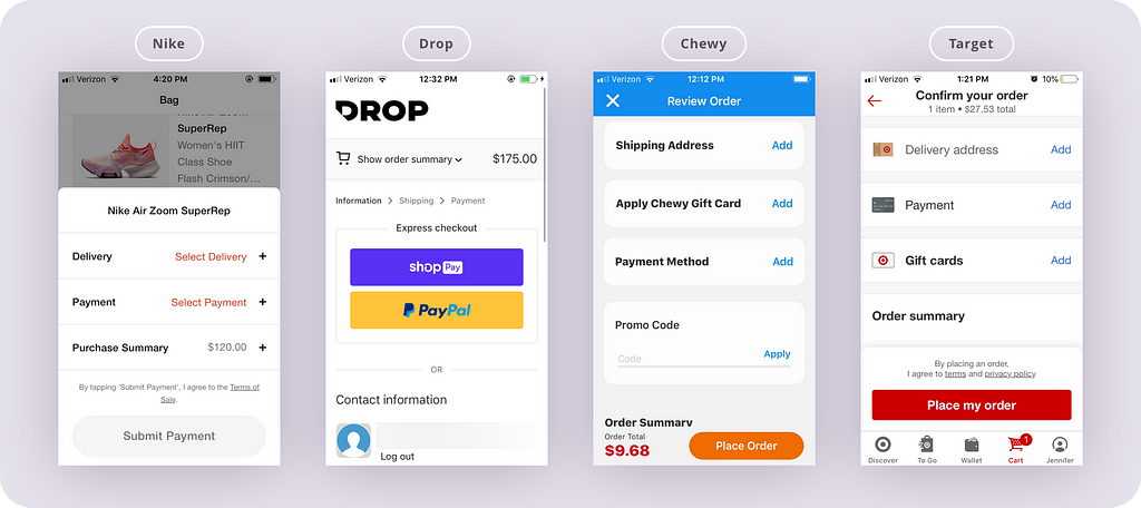For checkout Nike has accordions with “+”, Chewy and Target have lists with “Add” buttons, and Drop has a progress indicator.