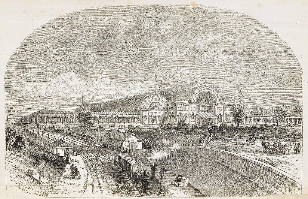 Manchester’s triple-arched, glass and iron Art Treasures Palace, with its purpose-built railway station in the foreground.