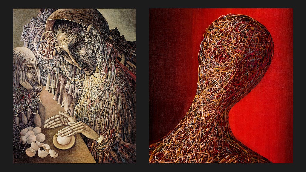 Two paintings, “Awakening” and “Sorrow” by Ivan Marchuk. On the left, “Awakening”: a textured, abstract face emerging from a dense, net-like pattern — intense and contemplative, evoking a sense of clarity or transformation. On the right, “Sorrow”: a haunting, solitary face rendered in tangled, thread-like strokes, expressing deep emotional pain.