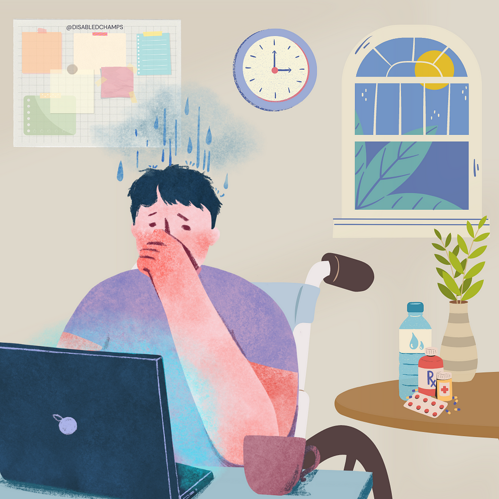 An illustration of a person looking tired, sitting in a wheelchair at their computer with a figurative rainy cloud above their head, a window with a night sky outside, a wall clock showing 3am, a board filled with sticky notes at the back, and their medicines and a houseplant at the corner.