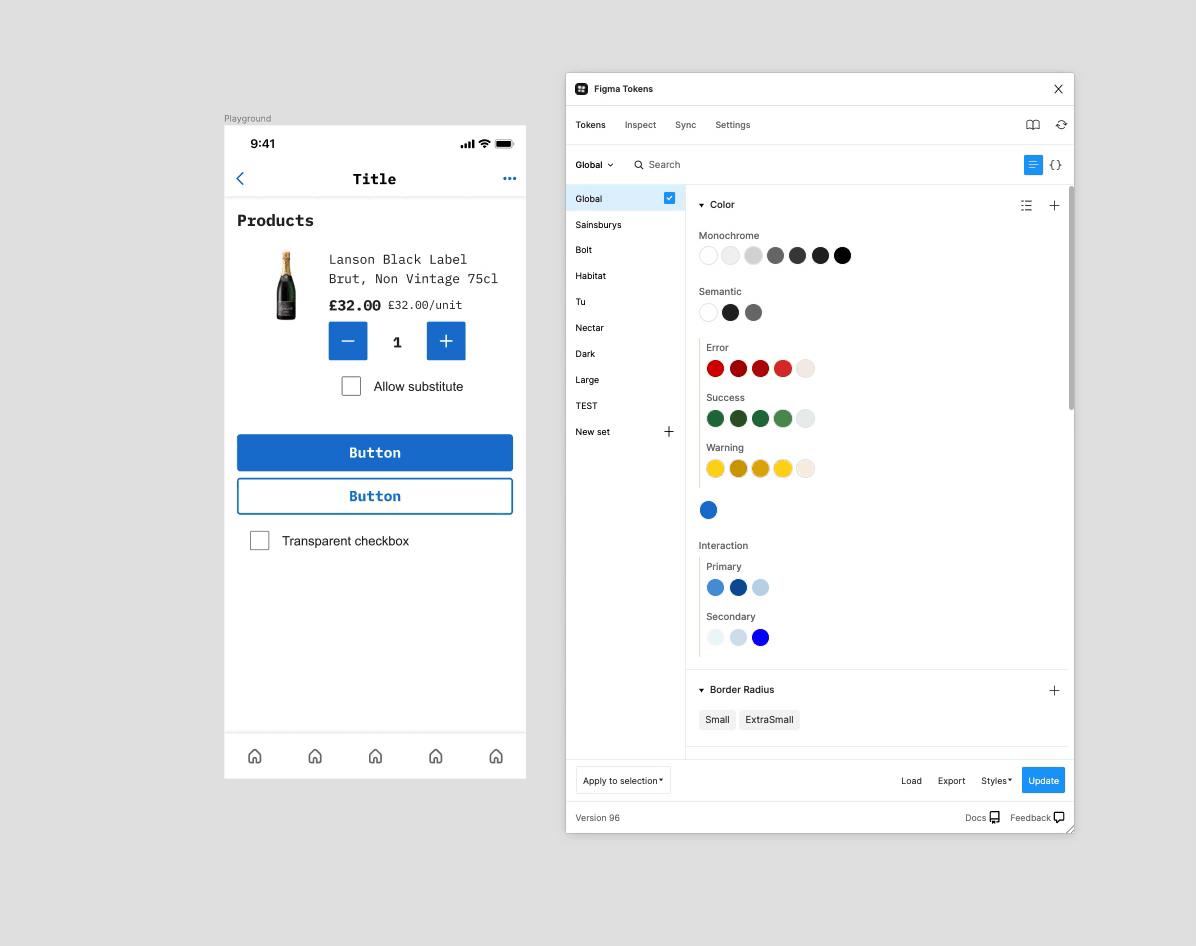 A video of a Figma file switching between different brands and styles using the Figma Tokens plugin