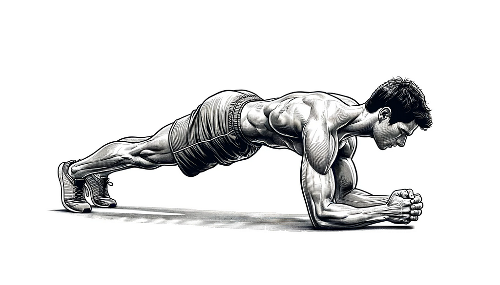 Illustrazione di una persona che esegue un esercizio di plank, a faccia in giù con peso sugli avambracci e sulle punte dei piedi, corpo sollevato in linea retta dalla testa ai piedi.
