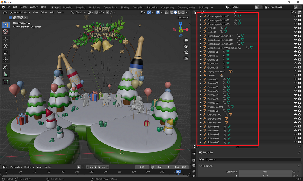 Blender screenshot of the 3D scene with a tree view of the mesh objects visible. The tree view is highlighted with a red border.