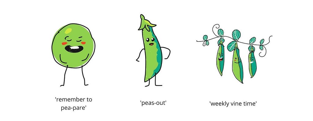 Three cartoon peas and pods with puns underneath. From left to right: “remember to pea-pare”, “peas out” and “weekly vine time”.