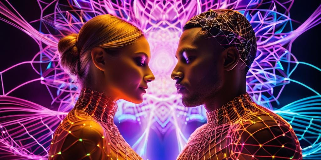 A captivating image featuring two wireframe light faces with skin made of digital patterns, one male and one female, radiating warmth and empathy. Their expressions convey a deep connection. The backdrop is a vibrant, colorful explosion of hues, adding energy and life to the scene.