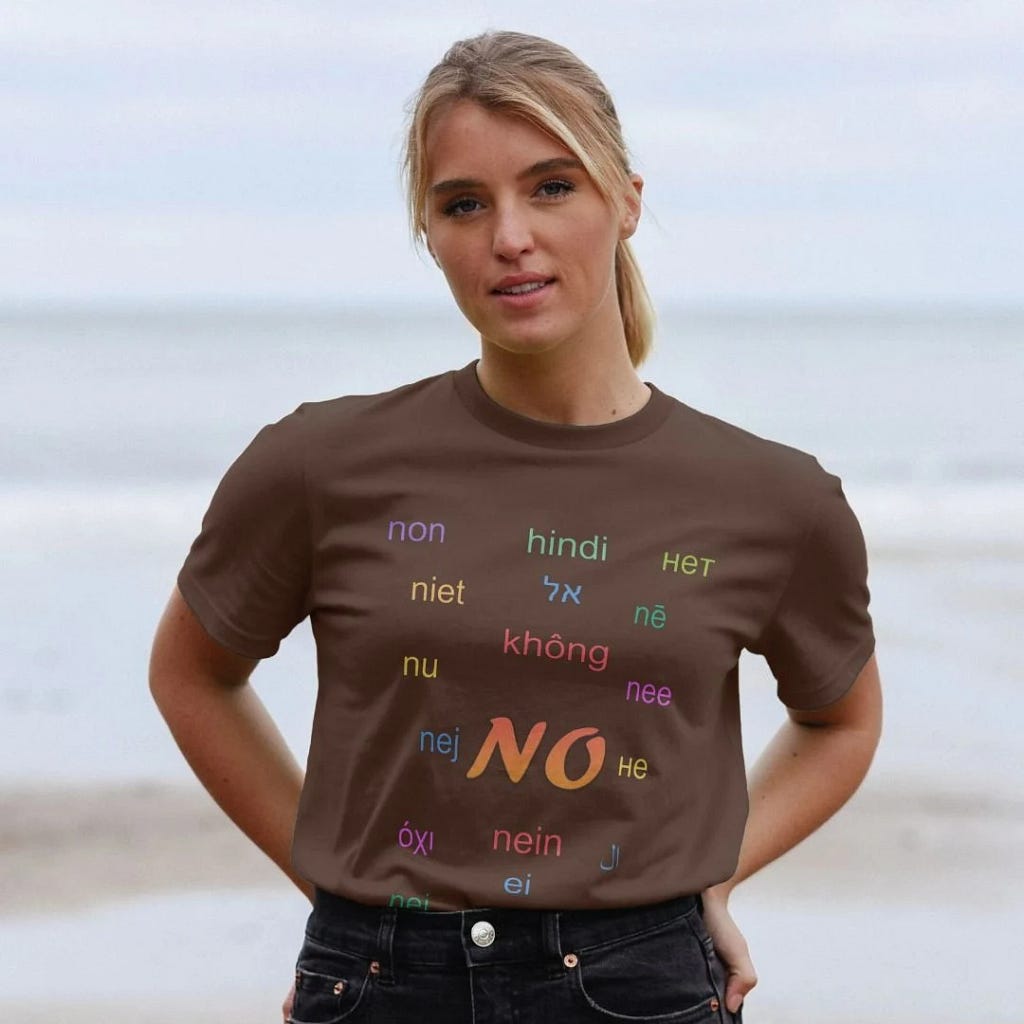 Say NO to the Looki Looki men and women with this wonderful T-shirt with the word “No” in 22 different languages.