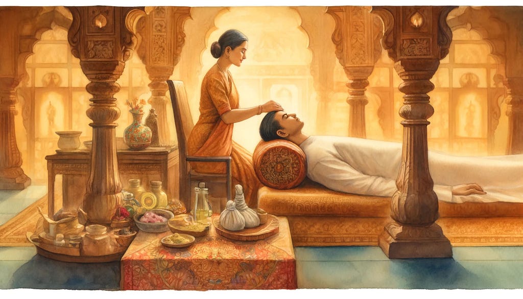 watercolor painting depicting an Indian head massage, set in a traditional Indian environment rich with elements of Hindu culture. The scene captures the essence of tranquility and cultural depth associated with this ancient practice.