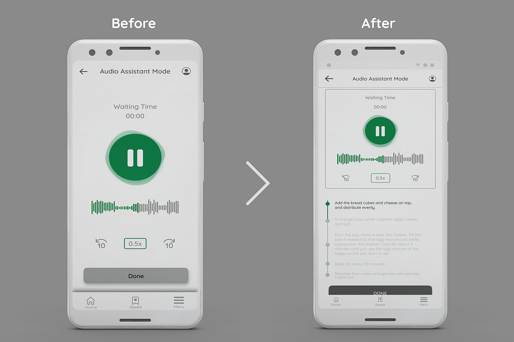 Before and after designs of the audio assistant screens