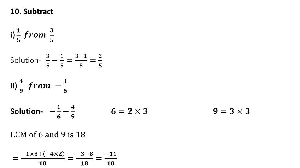 subtraction of rational number questions answers