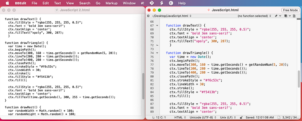 Opening the JavaScript.html file in BBEdit, you will immediately see differences, like text coloring.