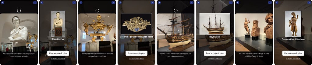 A sequence of app screenshots showcasing various Marine museum artifacts. Each screen displays a different item accessible through GEED image recognition feature.