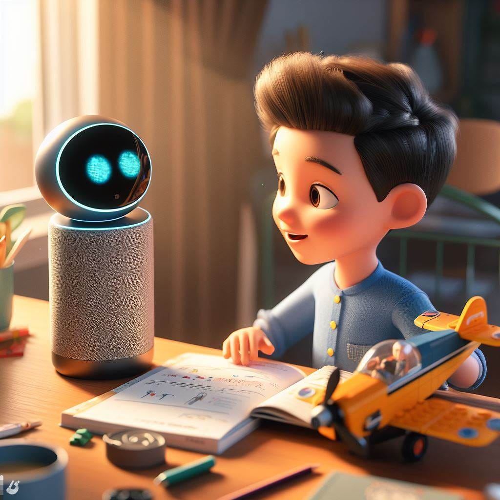 a robot is assisting a boy to study.