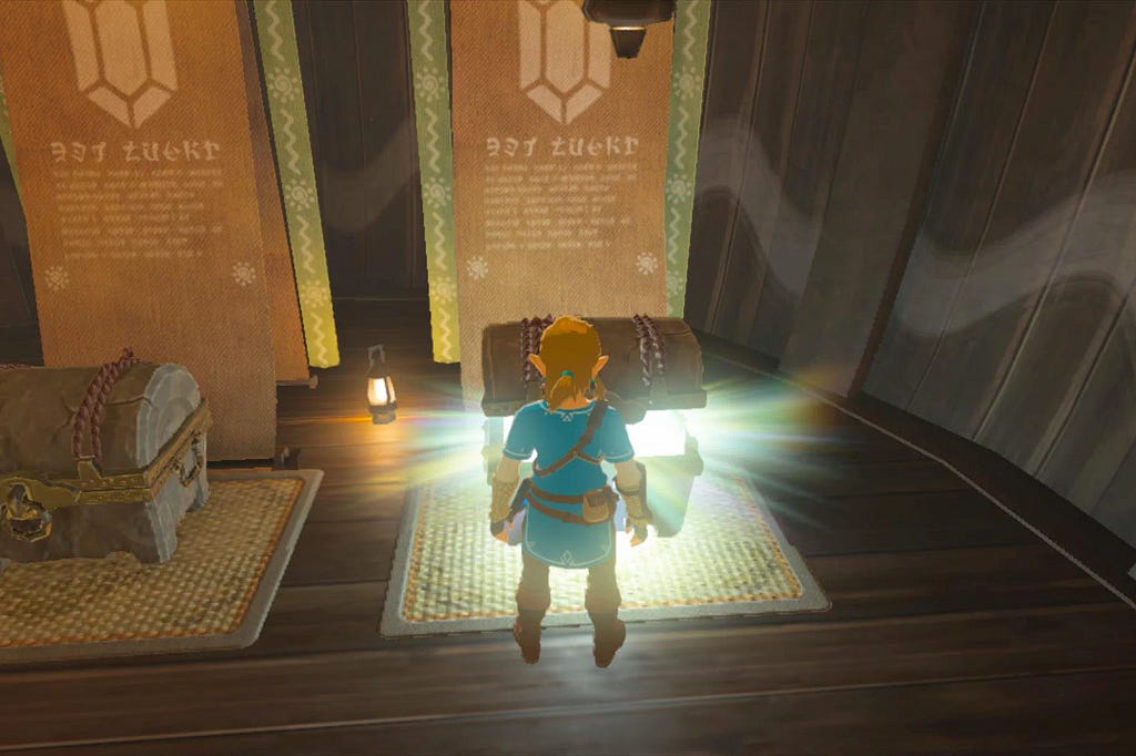 Legend of Zelda protagonist, Link, is shown opening a chest.