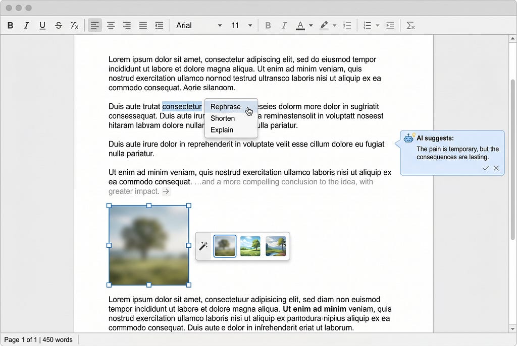 Mockup of a generic document editor with four embedded AI affordances: a highlighted word with a rephrase popup, a paragraph with inline autocomplete ghost text, a selected image with three variant thumbnails in a floating panel, and a margin comment offering a one-line rewrite. No chat input is visible.
