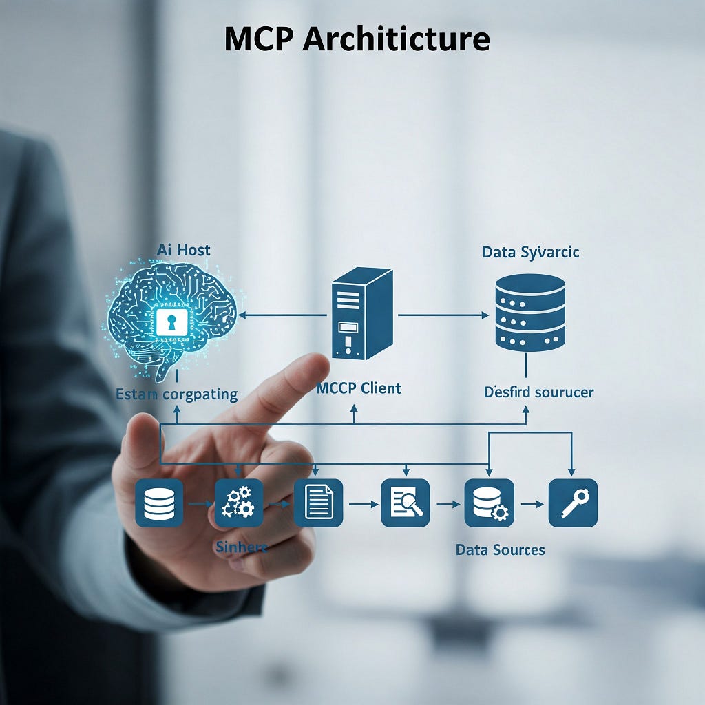 Diagram illustrating MCP architecture with Host, Client, and Server connecting to data sources.