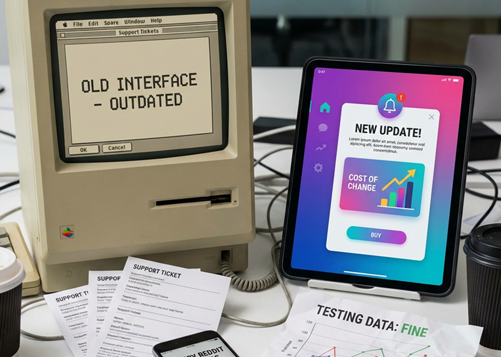 A staged desk scene contrasting old and new technology. On the left, a vintage beige Macintosh computer displays a dialog box reading “Old Interface — Outdated” with OK and Cancel buttons. On the right, a modern tablet shows a colourful gradient notification card titled “New Update!” with a bar chart labelled “Cost of Change” and a “Buy” button. Between them, scattered paper support tickets, a smartphone, and a printout reading “Testing Data: Fine” with a line graph complete the scene.
